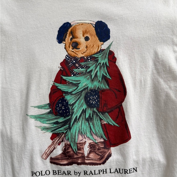 Polo by Ralph Lauren Kids White Long Sleeve Tee with Christmas Tree Bear Graphic - Picture 2 of 6